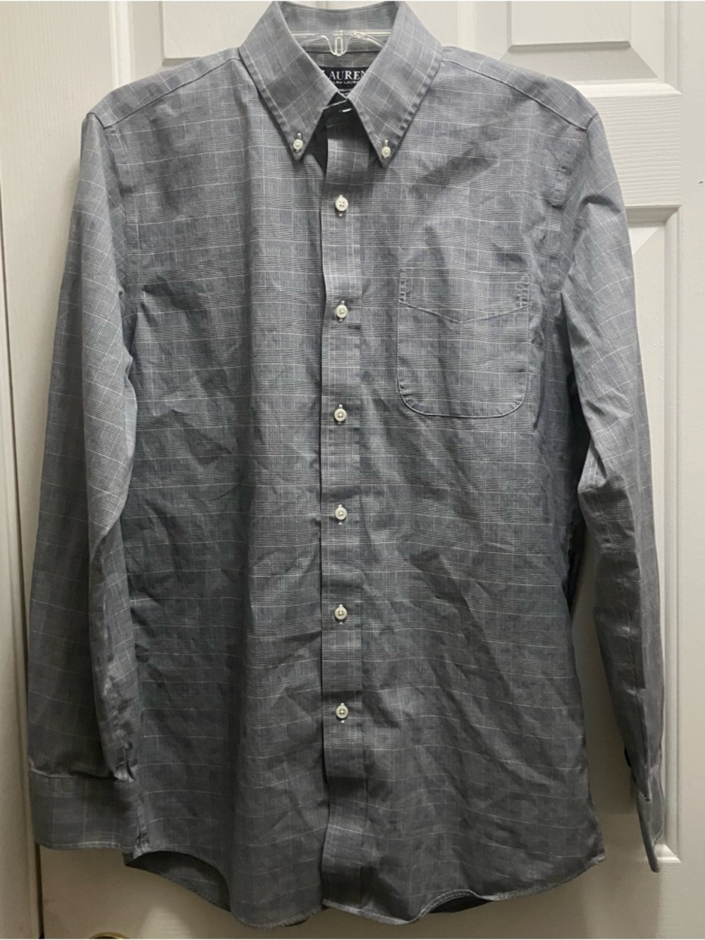 Lauren Ralph Lauren Mens Button Up Shirt Gray Plaid Long Sleeve 15 1/2 Slim Fit
